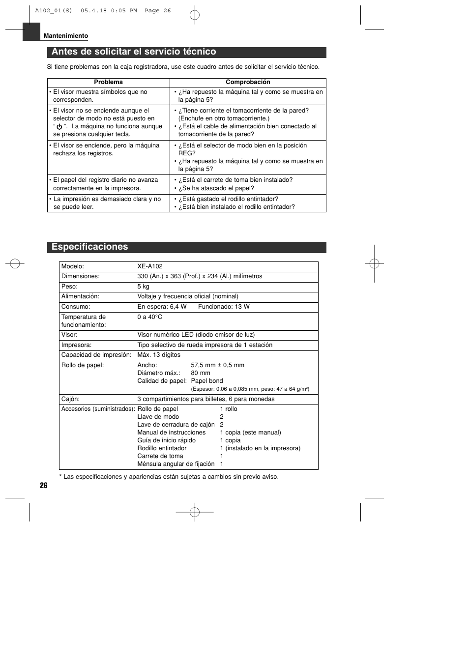 Especificaciones, Antes de solicitar el servicio técnico | Sharp XE-A102B User Manual | Page 110 / 140