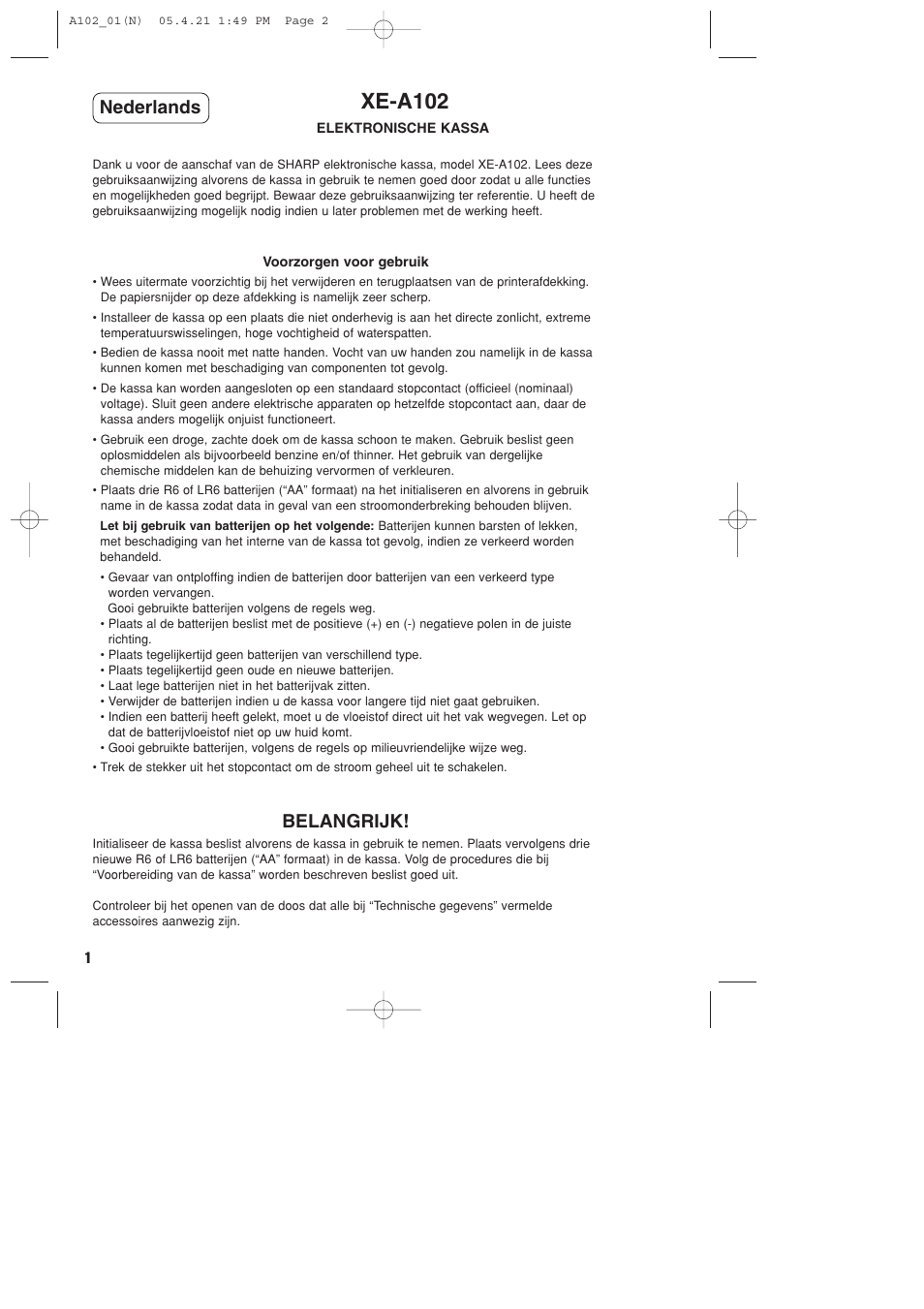 Xe-a102, Belangrijk, Nederlands | Sharp XE-A102B User Manual | Page 112 / 140