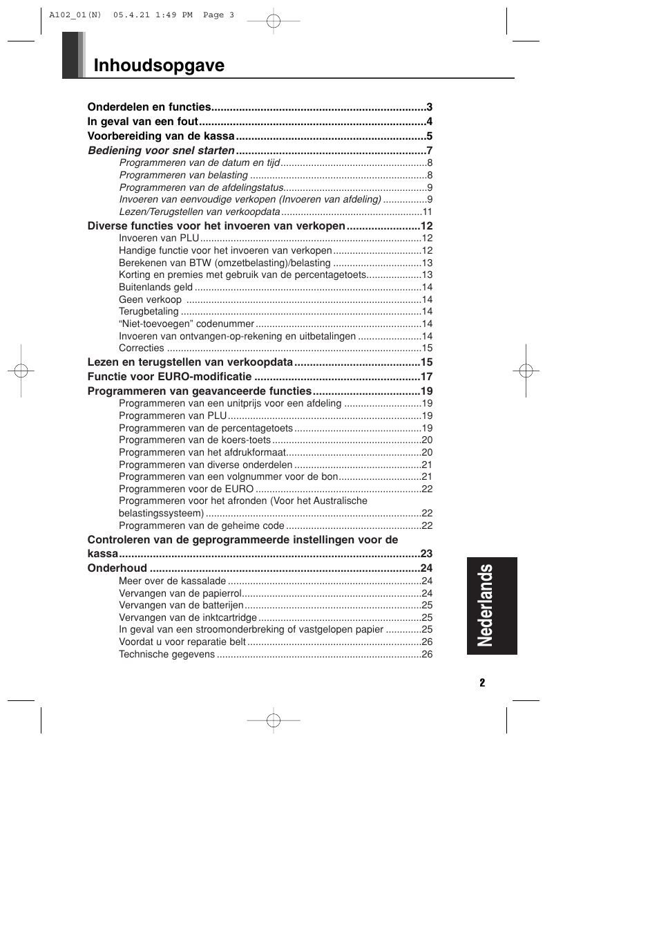 Nederlands, Inhoudsopgave | Sharp XE-A102B User Manual | Page 113 / 140