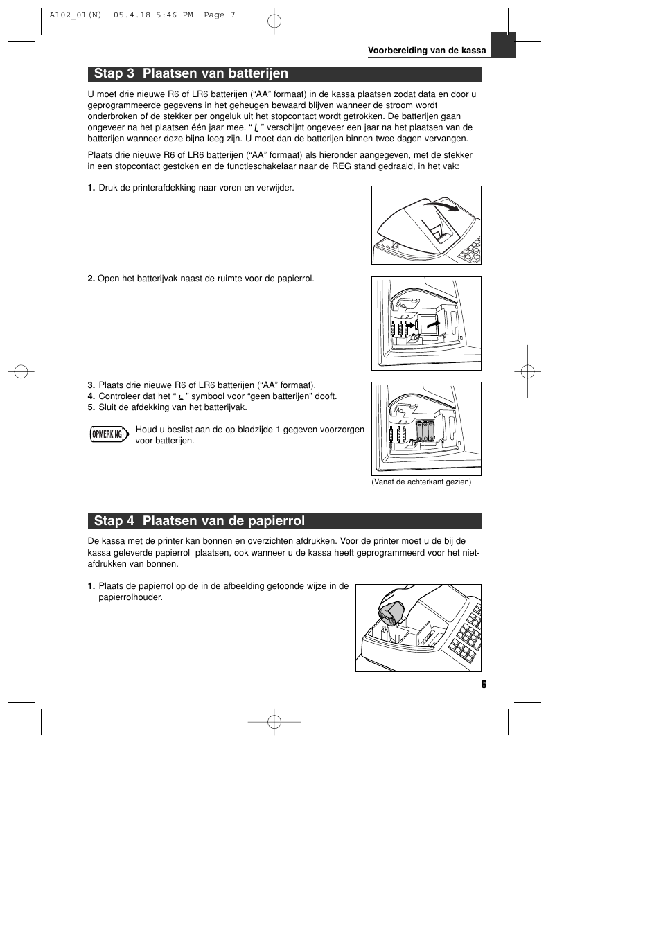 Stap 4 plaatsen van de papierrol, Stap 3 plaatsen van batterijen | Sharp XE-A102B User Manual | Page 117 / 140