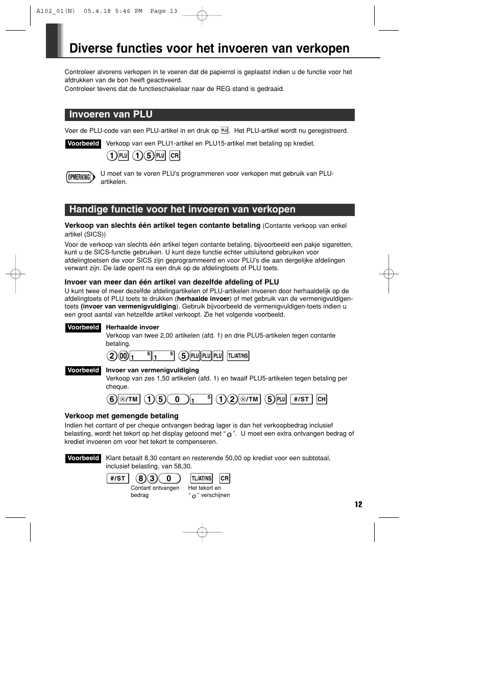 Diverse functies voor het invoeren van verkopen, 1p 15p r, Invoeren van plu | !! 5ppp t, S 830 t r, Handige functie voor het invoeren van verkopen | Sharp XE-A102B User Manual | Page 123 / 140