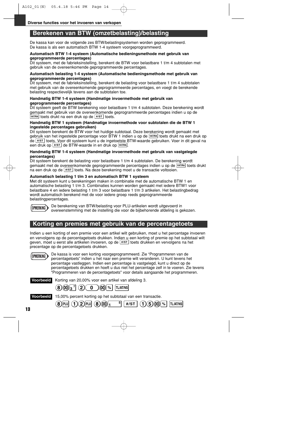 Berekenen van btw (omzetbelasting)/belasting, # 20:% t | Sharp XE-A102B User Manual | Page 124 / 140