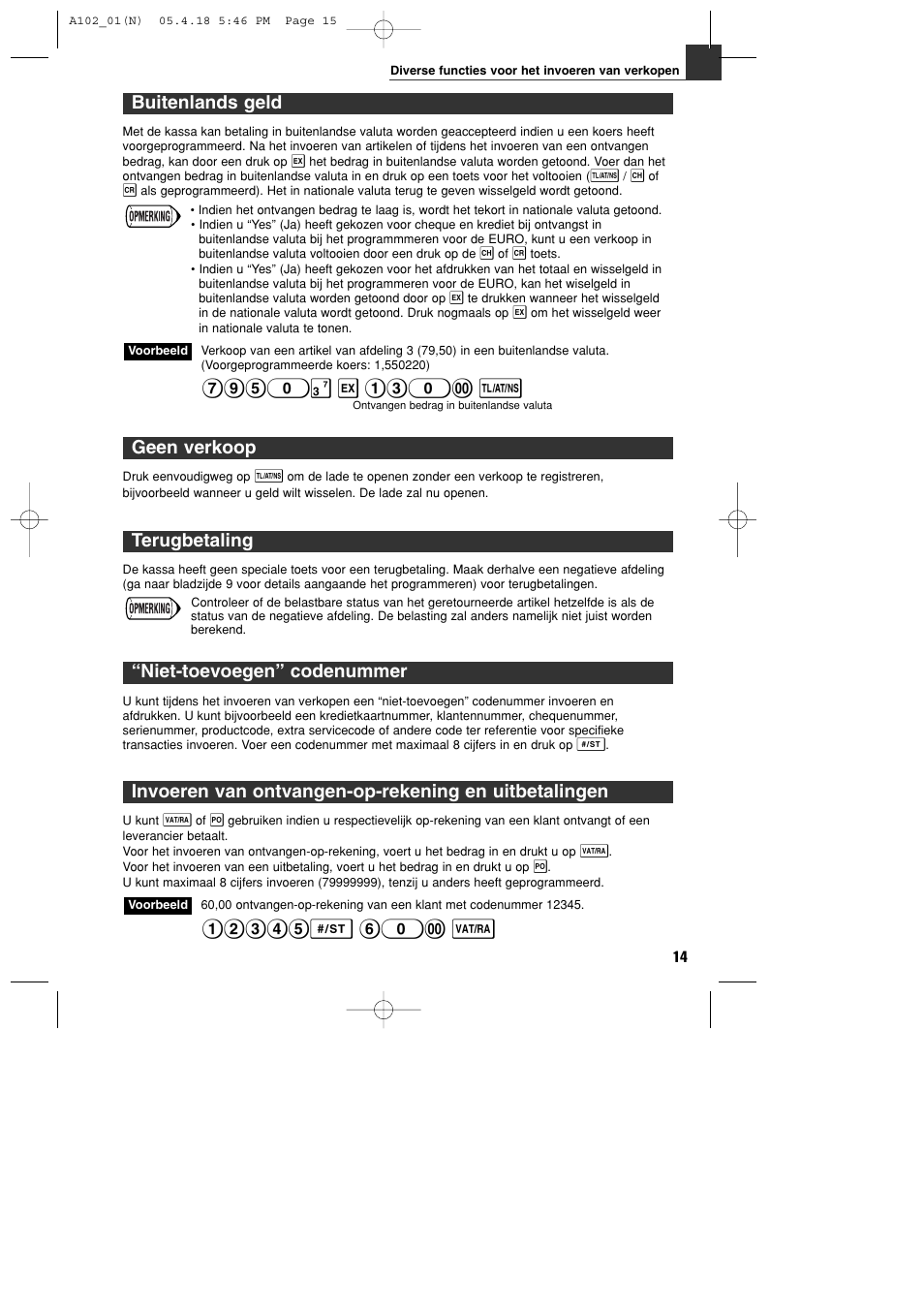 Buitenlands geld, Geen verkoop, Terugbetaling | Niet-toevoegen” codenummer | Sharp XE-A102B User Manual | Page 125 / 140