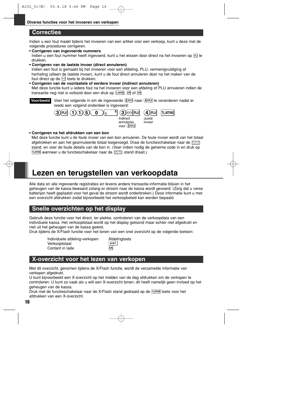 Lezen en terugstellen van verkoopdata, Correcties, Snelle overzichten op het display | X-overzicht voor het lezen van verkopen | Sharp XE-A102B User Manual | Page 126 / 140