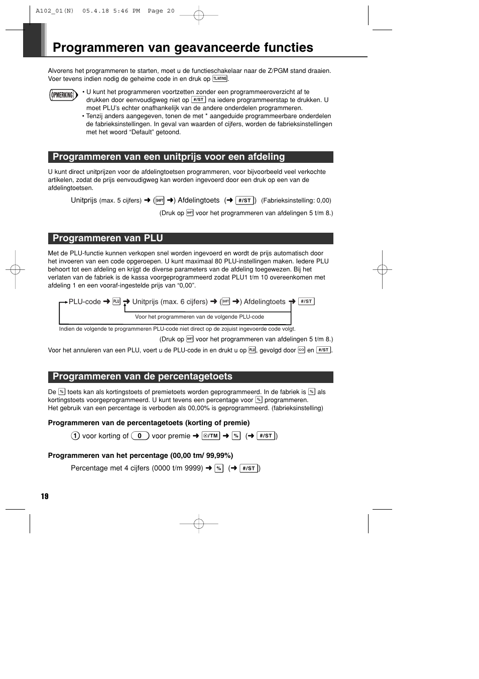 Programmeren van geavanceerde functies, Programmeren van een unitprijs voor een afdeling, Programmeren van plu | Programmeren van de percentagetoets | Sharp XE-A102B User Manual | Page 130 / 140