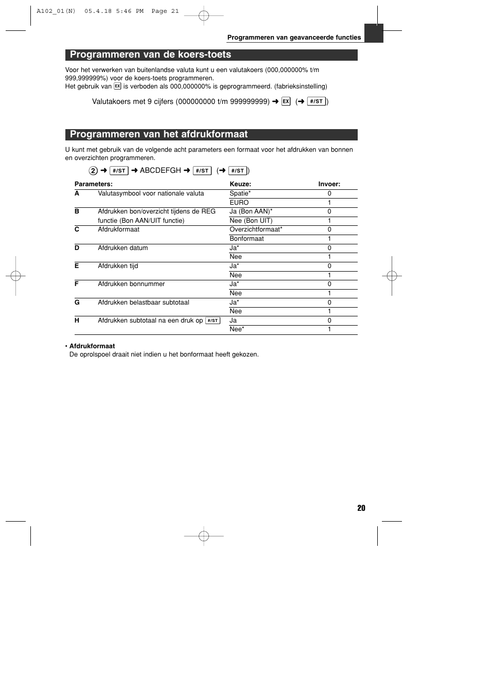 Programmeren van de koers-toets, Programmeren van het afdrukformaat | Sharp XE-A102B User Manual | Page 131 / 140