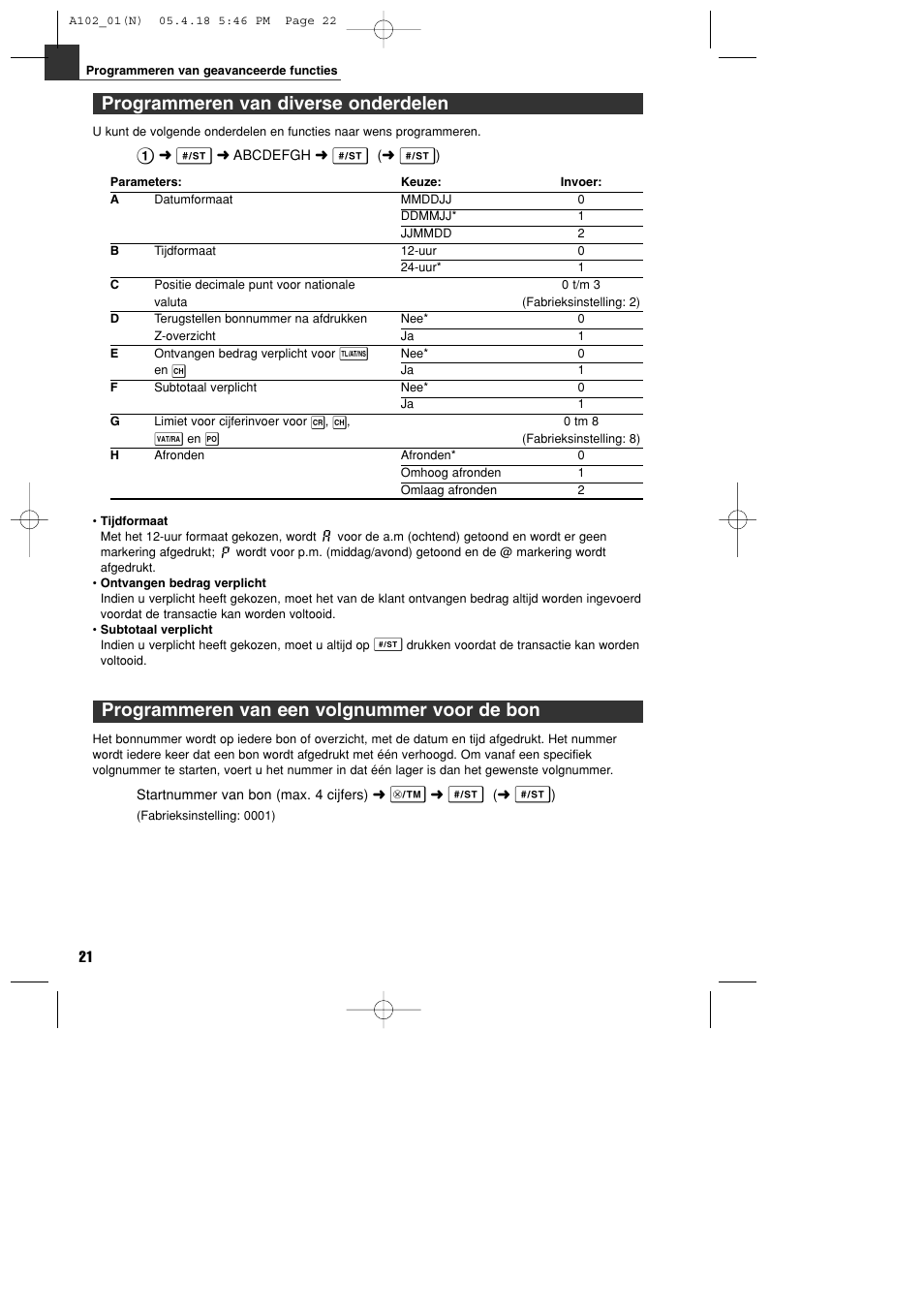 Programmeren van een volgnummer voor de bon, Programmeren van diverse onderdelen | Sharp XE-A102B User Manual | Page 132 / 140