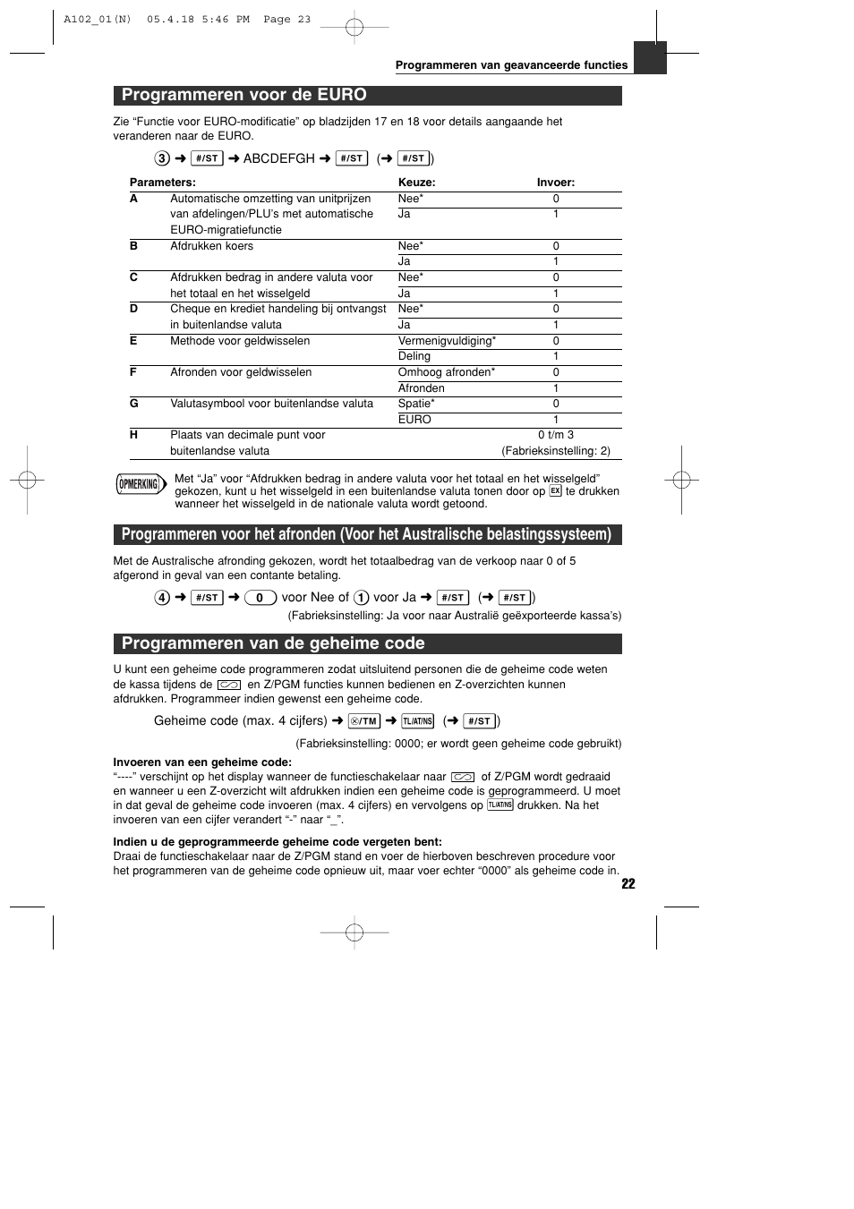 Programmeren voor de euro, Programmeren van de geheime code | Sharp XE-A102B User Manual | Page 133 / 140