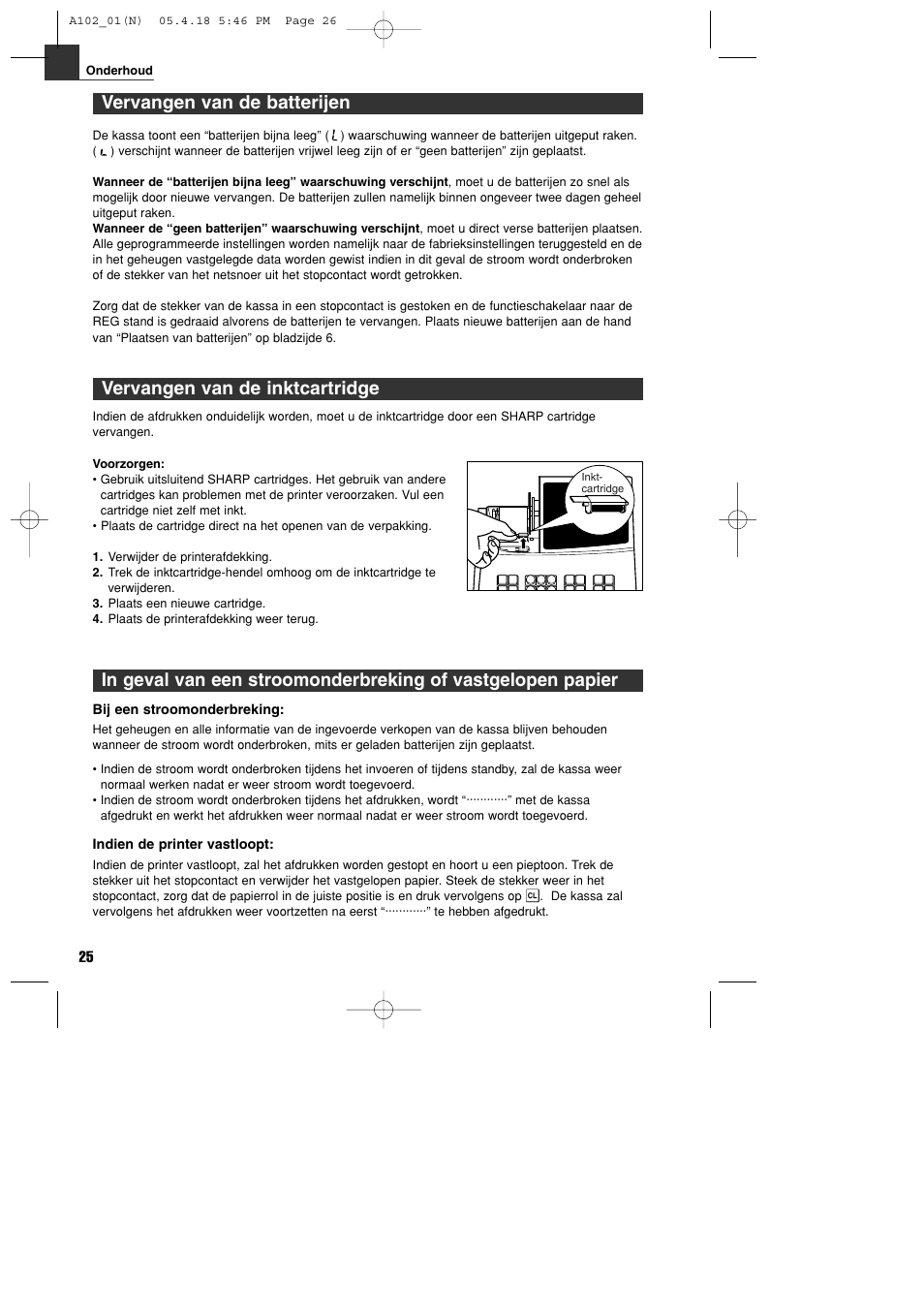 Vervangen van de inktcartridge, Vervangen van de batterijen | Sharp XE-A102B User Manual | Page 136 / 140