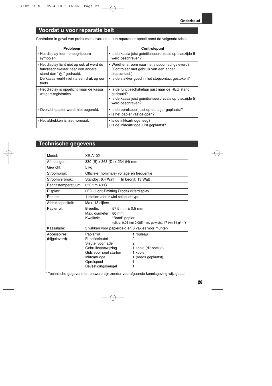 Technische gegevens, Voordat u voor reparatie belt | Sharp XE-A102B User Manual | Page 137 / 140