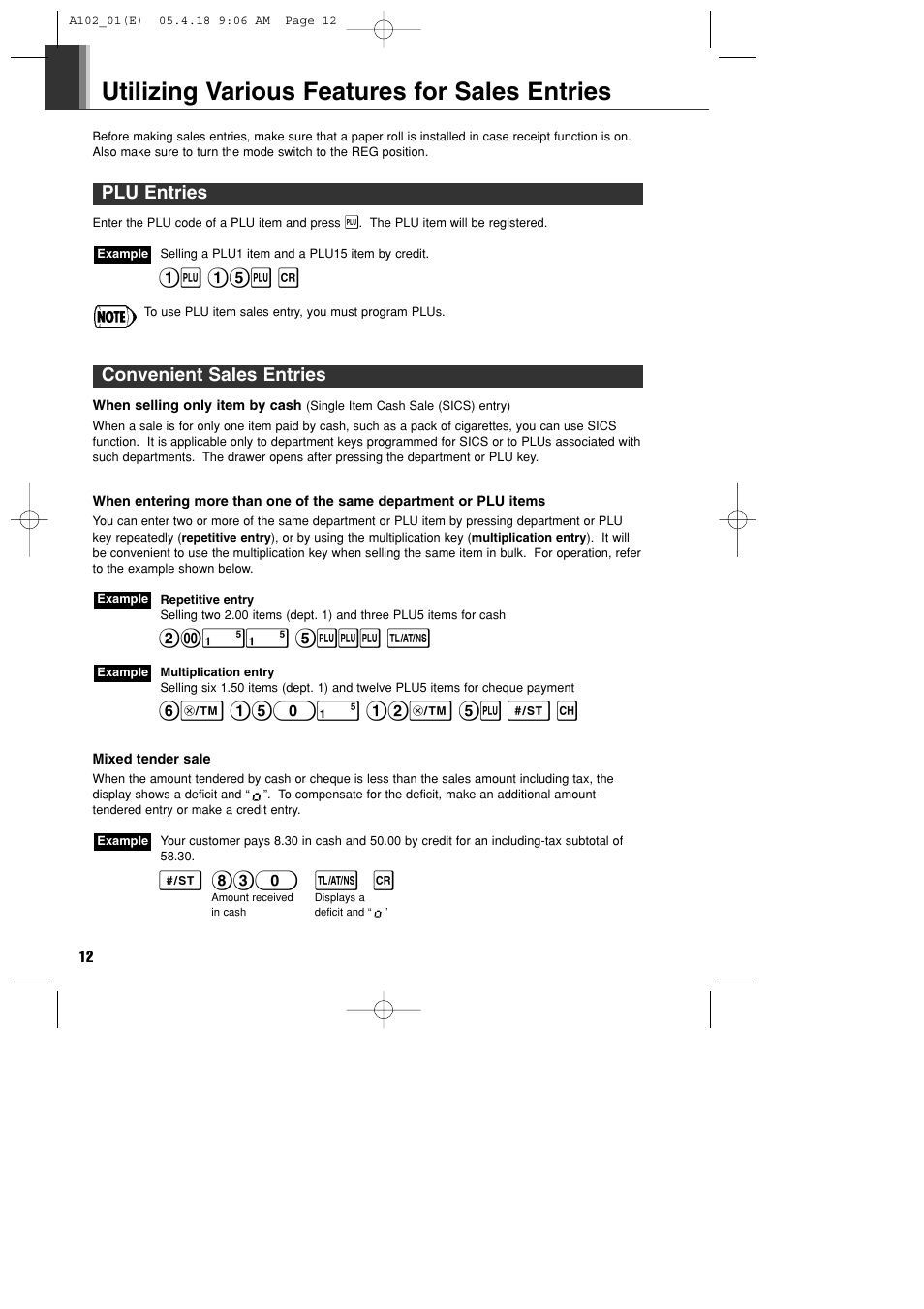 Utilizing various features for sales entries, 1p 15p r, Plu entries | !! 5ppp t, S 830 t r, Convenient sales entries | Sharp XE-A102B User Manual | Page 14 / 140