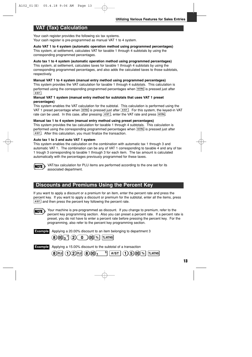 Vat (tax) calculation, # 20:% t, Discounts and premiums using the percent key | Sharp XE-A102B User Manual | Page 15 / 140