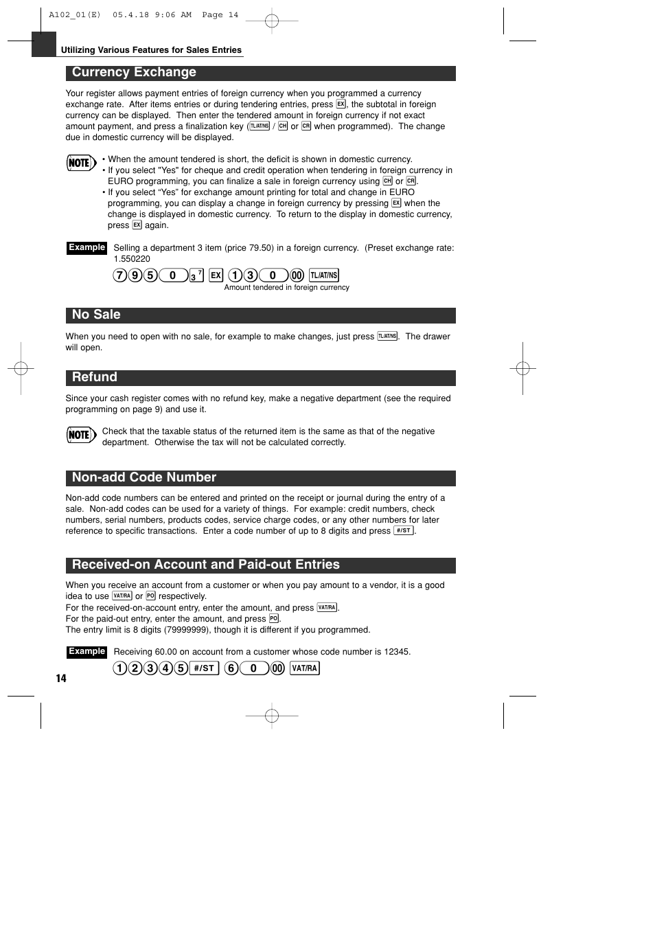 Currency exchange, No sale, Refund | Non-add code number, Received-on account and paid-out entries | Sharp XE-A102B User Manual | Page 16 / 140