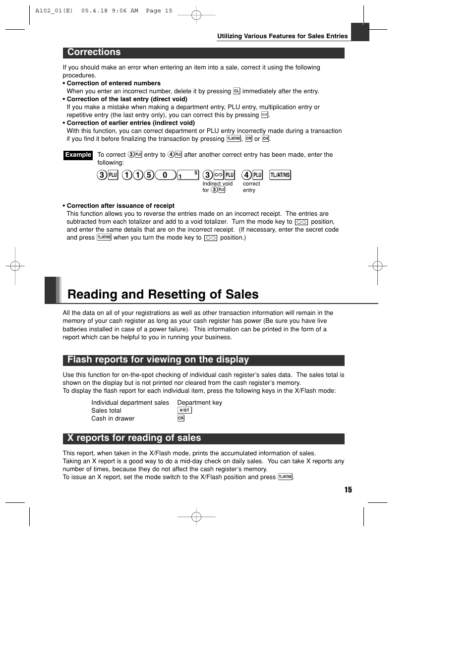 Reading and resetting of sales, Corrections, Flash reports for viewing on the display | X reports for reading of sales | Sharp XE-A102B User Manual | Page 17 / 140