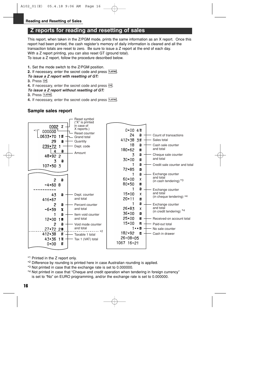 Z reports for reading and resetting of sales, Sample sales report | Sharp XE-A102B User Manual | Page 18 / 140