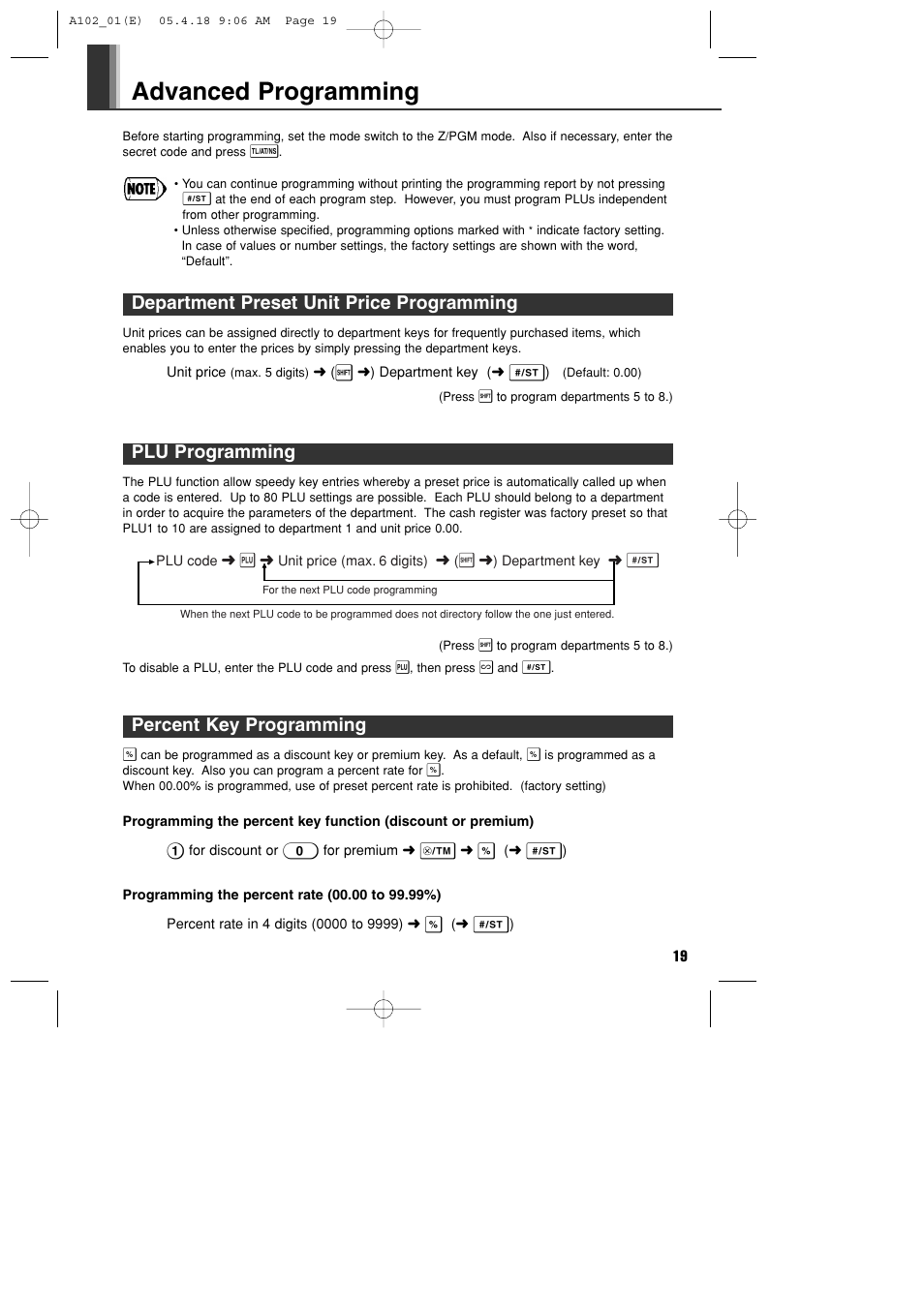 Advanced programming, Department preset unit price programming, Plu programming | Percent key programming | Sharp XE-A102B User Manual | Page 21 / 140