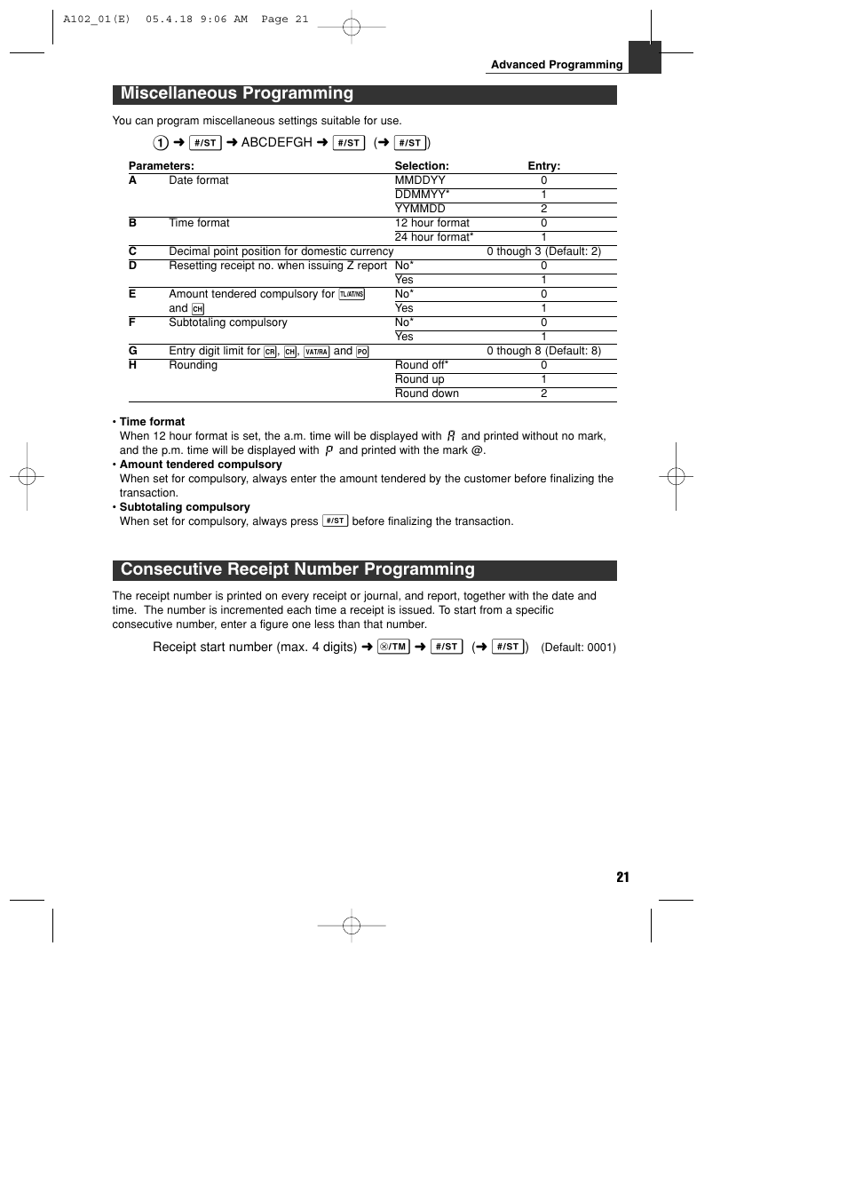 Consecutive receipt number programming, Miscellaneous programming | Sharp XE-A102B User Manual | Page 23 / 140