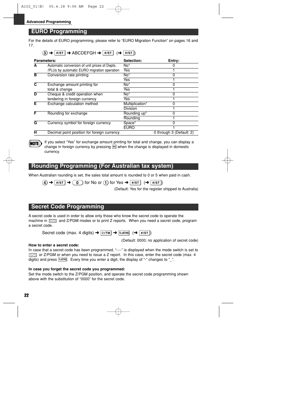 Euro programming, Secret code programming, Rounding programming (for australian tax system) | Sharp XE-A102B User Manual | Page 24 / 140