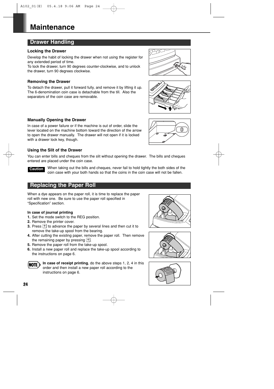 Maintenance, Drawer handling, Replacing the paper roll | Sharp XE-A102B User Manual | Page 26 / 140