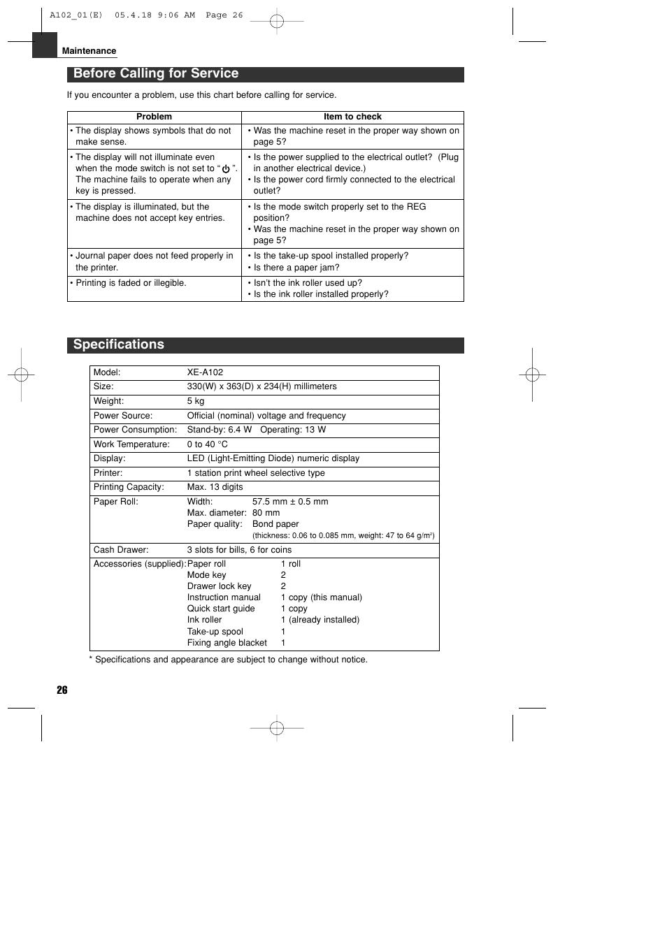 Specifications, Before calling for service | Sharp XE-A102B User Manual | Page 28 / 140