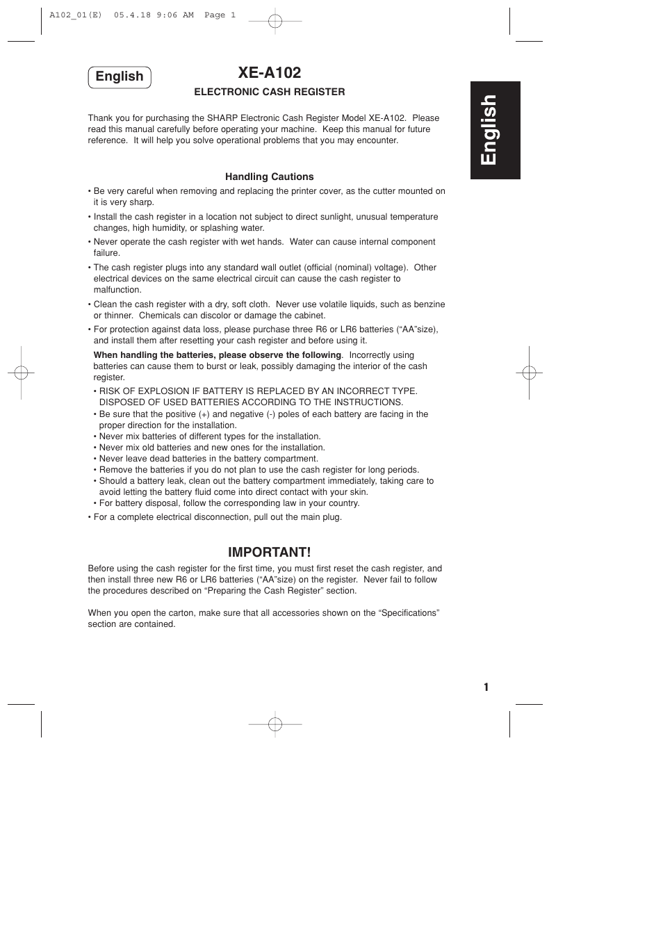 Xe-a102, English, Important | Sharp XE-A102B User Manual | Page 3 / 140