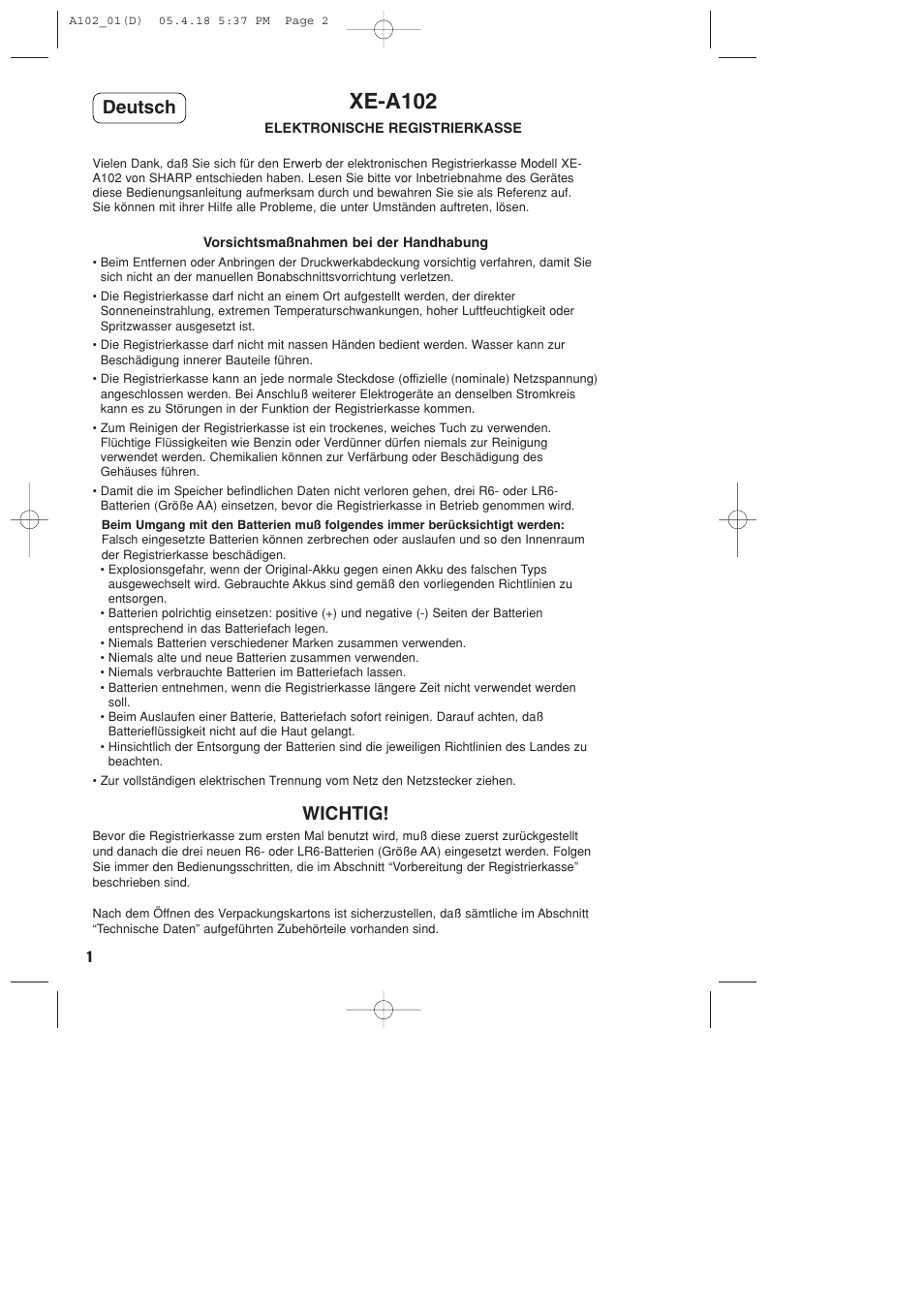 Xe-a102, Wichtig, Deutsch | Sharp XE-A102B User Manual | Page 30 / 140