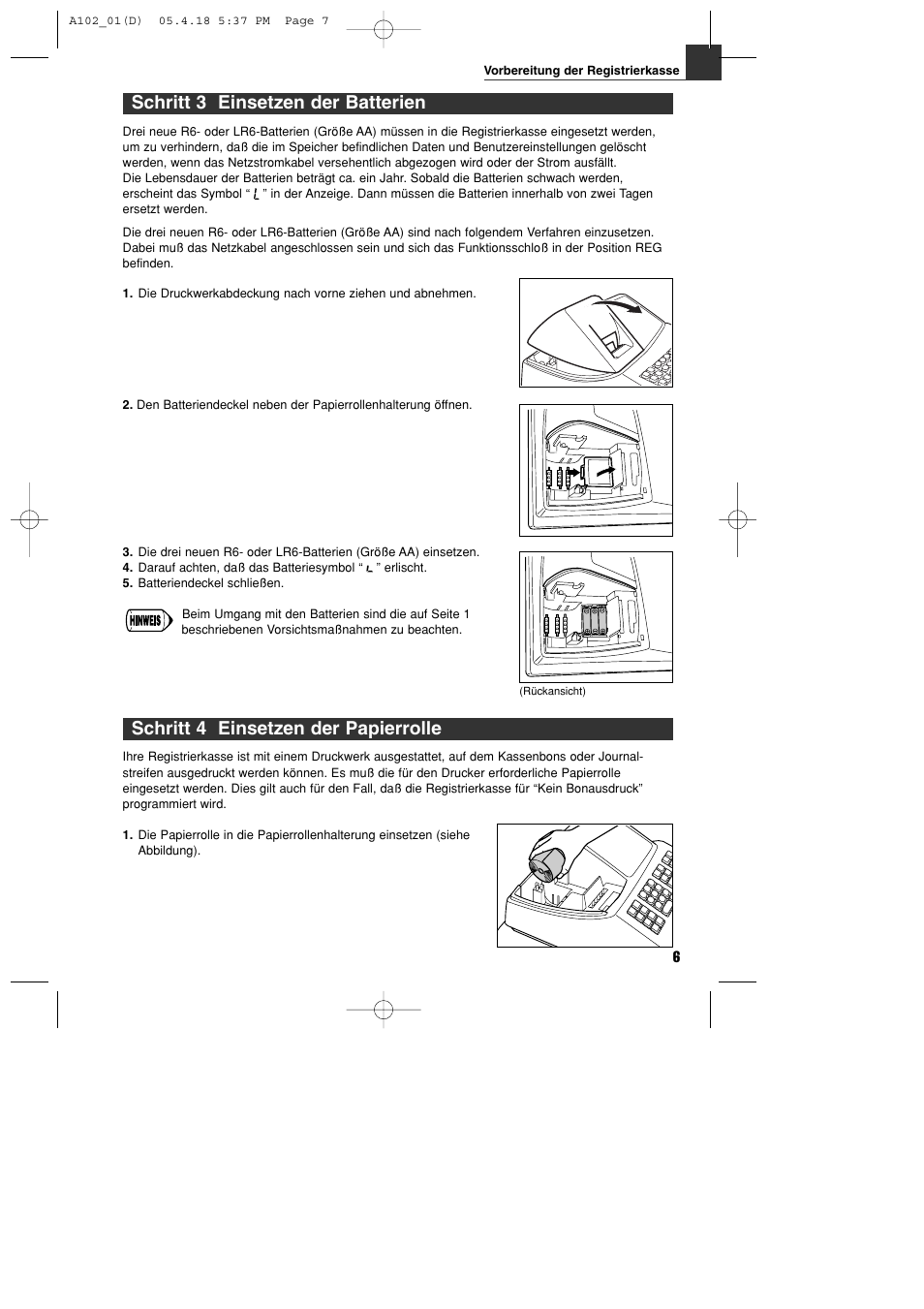 Schritt 4 einsetzen der papierrolle, Schritt 3 einsetzen der batterien | Sharp XE-A102B User Manual | Page 35 / 140