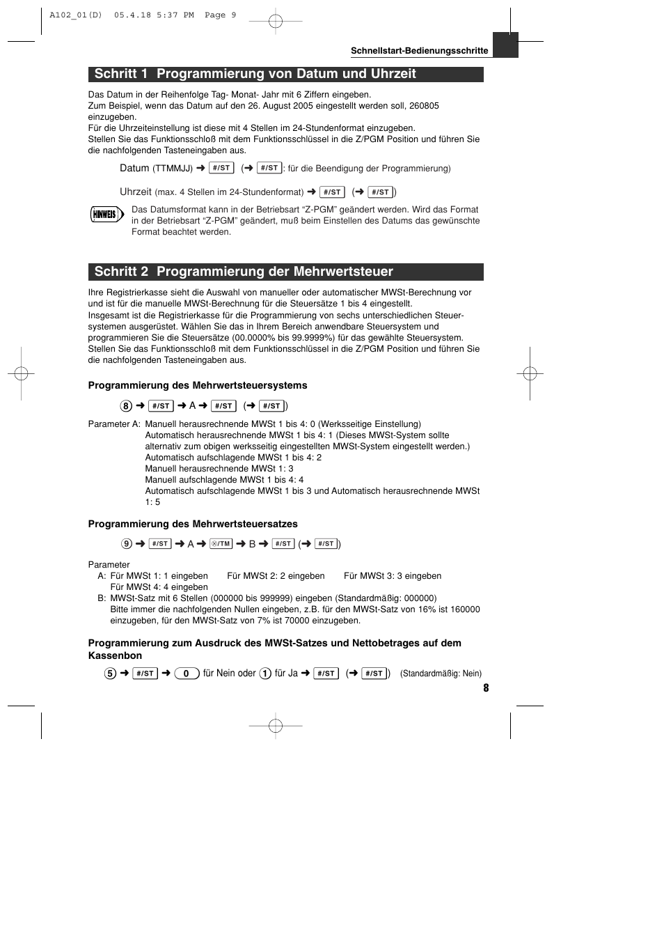 Schritt 1 programmierung von datum und uhrzeit, Schritt 2 programmierung der mehrwertsteuer | Sharp XE-A102B User Manual | Page 37 / 140