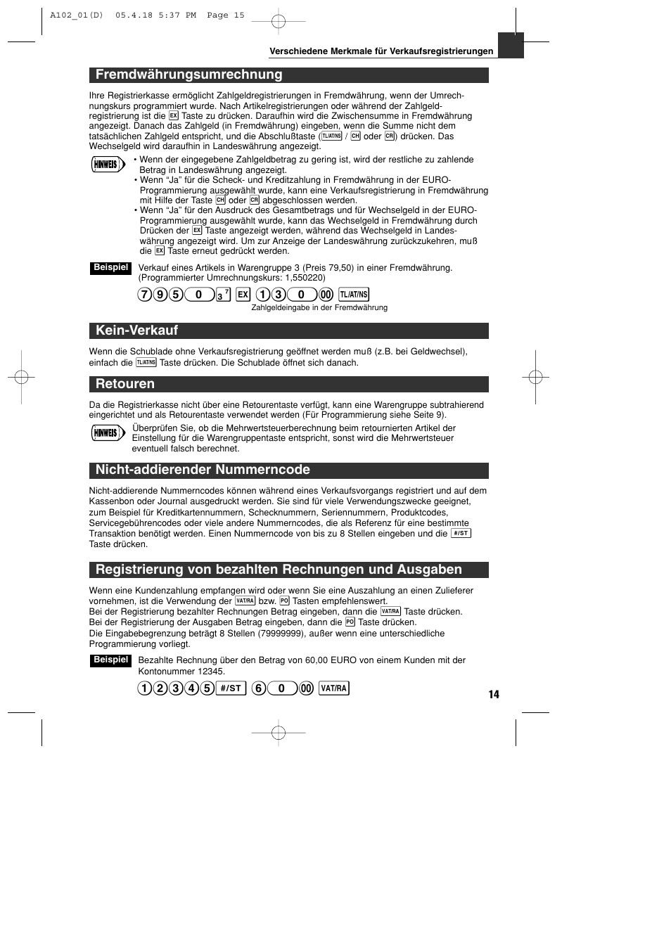 Fremdwährungsumrechnung, Kein-verkauf, Retouren | Nicht-addierender nummerncode | Sharp XE-A102B User Manual | Page 43 / 140