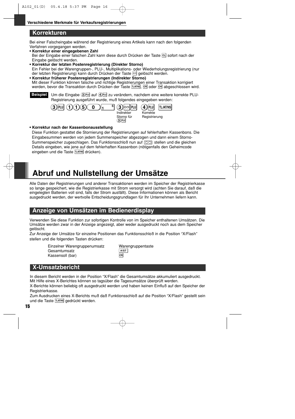 Abruf und nullstellung der umsätze, Korrekturen, Anzeige von umsätzen im bedienerdisplay | X-umsatzbericht | Sharp XE-A102B User Manual | Page 44 / 140