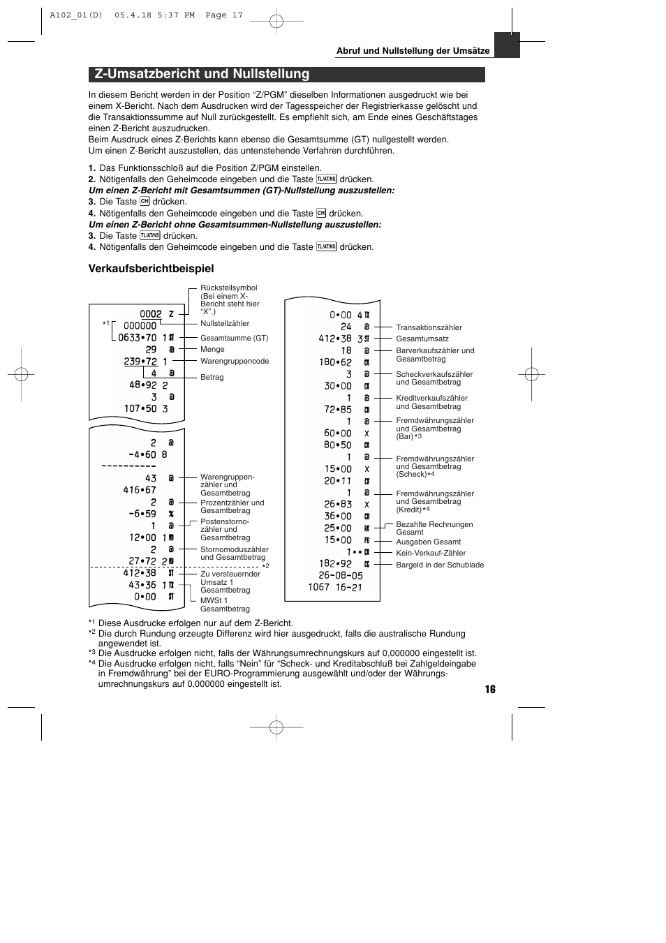 Z-umsatzbericht und nullstellung, Verkaufsberichtbeispiel | Sharp XE-A102B User Manual | Page 45 / 140