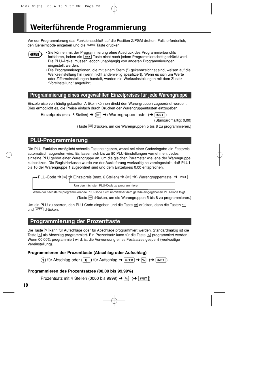 Weiterführende programmierung, Plu-programmierung, Programmierung der prozenttaste | Sharp XE-A102B User Manual | Page 48 / 140