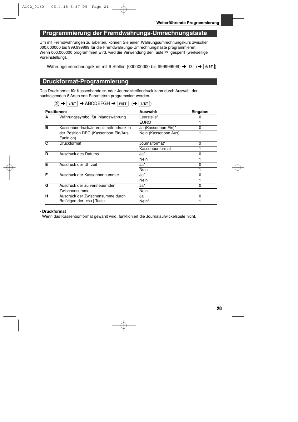 Programmierung der fremdwährungs-umrechnungstaste, Druckformat-programmierung | Sharp XE-A102B User Manual | Page 49 / 140