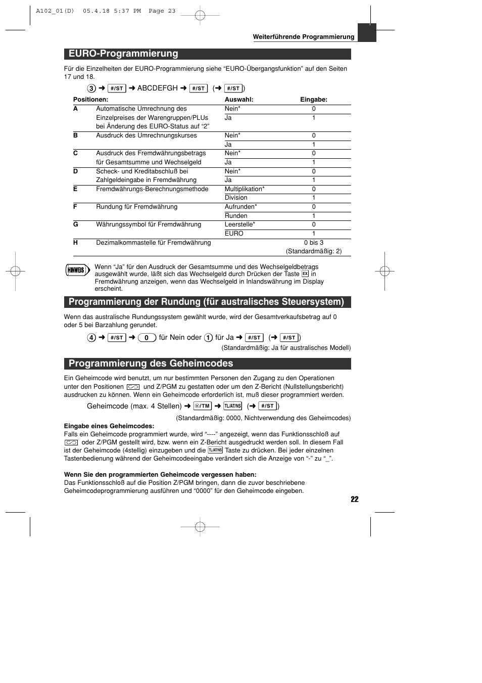 Euro-programmierung, Programmierung des geheimcodes | Sharp XE-A102B User Manual | Page 51 / 140