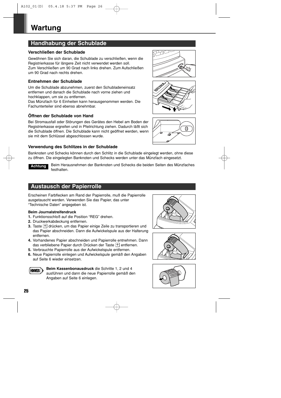 Wartung, Handhabung der schublade, Austausch der papierrolle | Sharp XE-A102B User Manual | Page 54 / 140