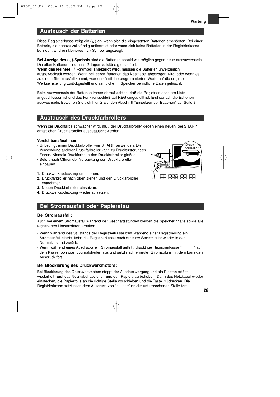 Austausch des druckfarbrollers, Austausch der batterien, Bei stromausfall oder papierstau | Sharp XE-A102B User Manual | Page 55 / 140