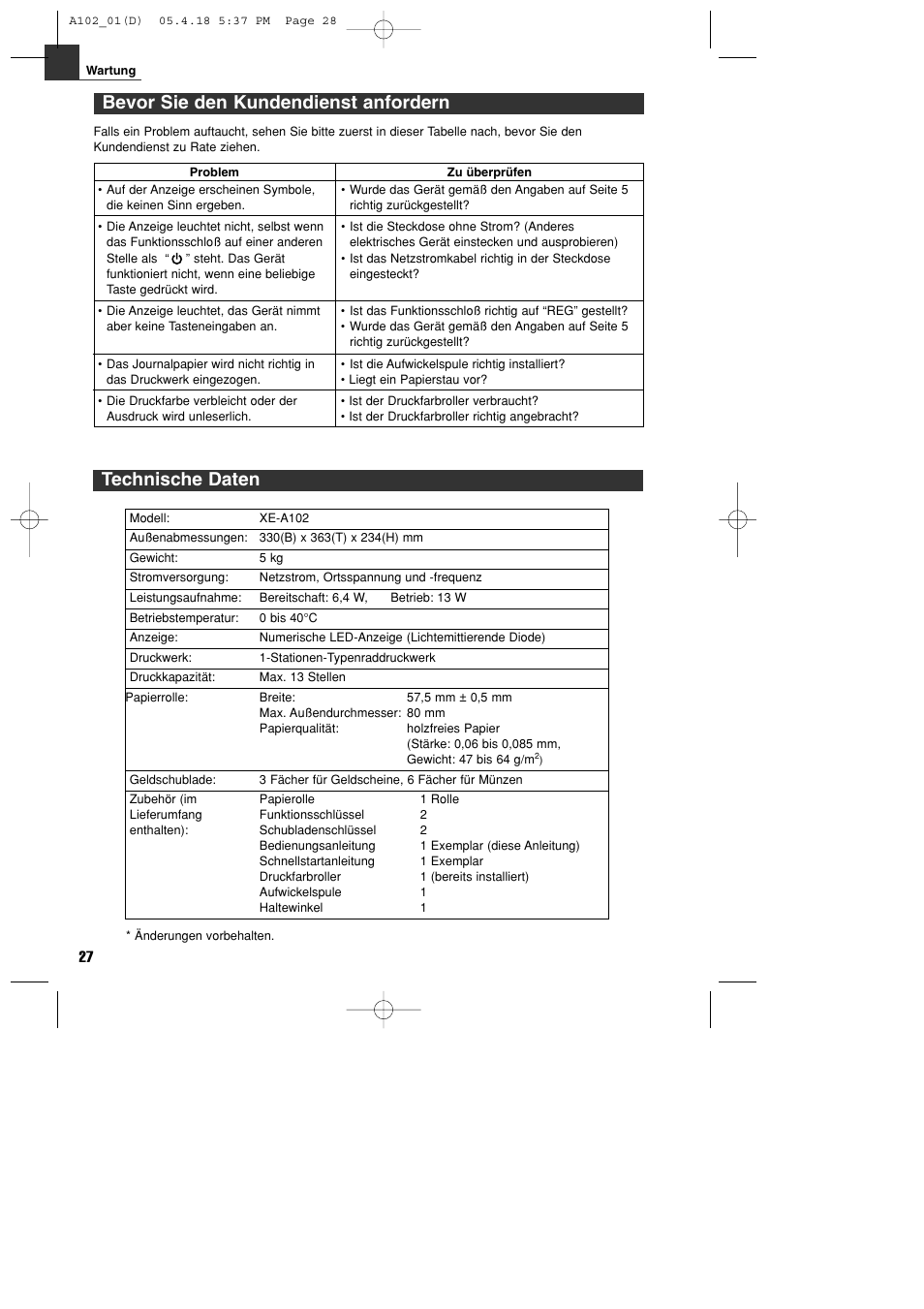 Technische daten, Bevor sie den kundendienst anfordern | Sharp XE-A102B User Manual | Page 56 / 140