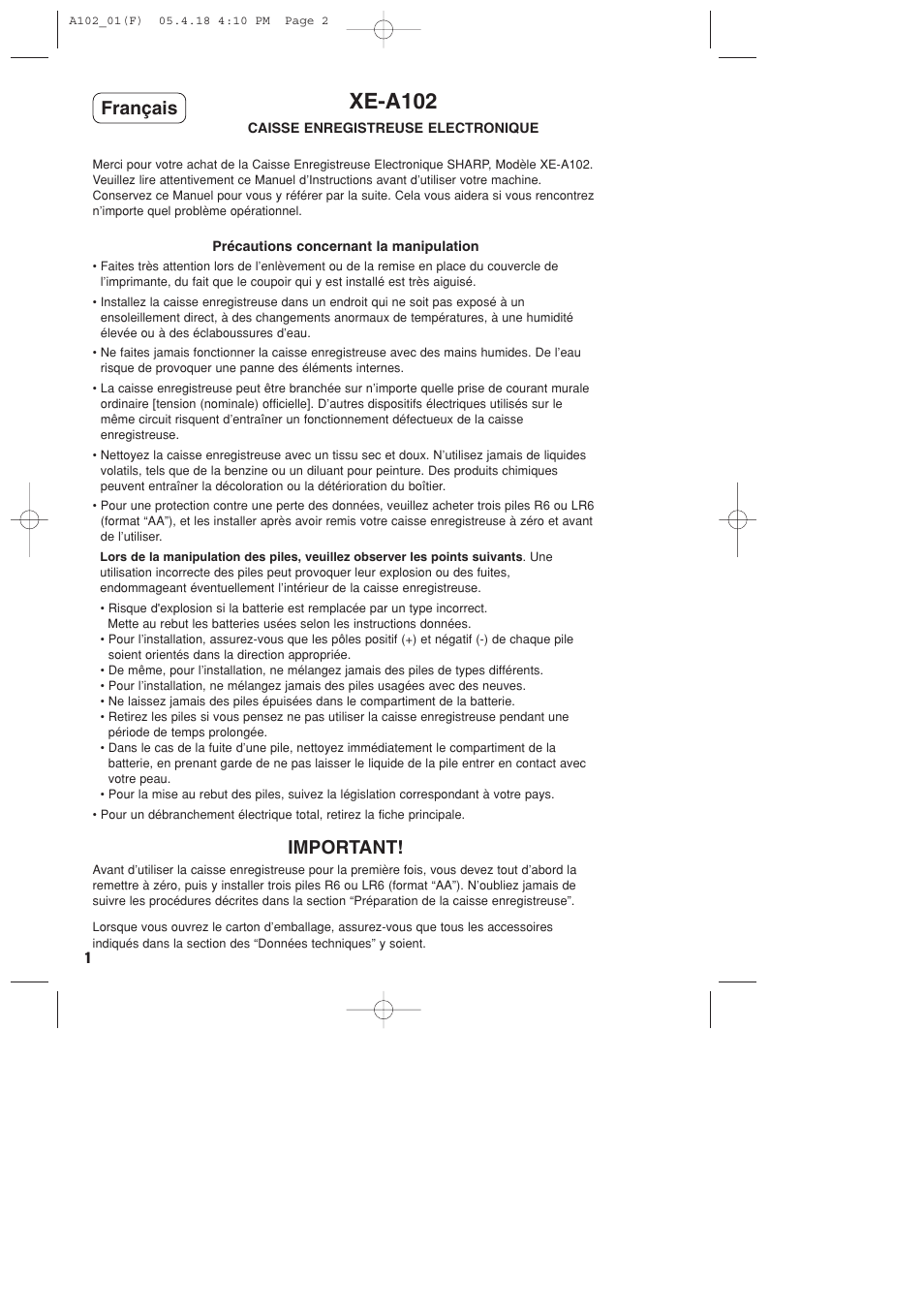 Xe-a102, Important, Français | Sharp XE-A102B User Manual | Page 58 / 140