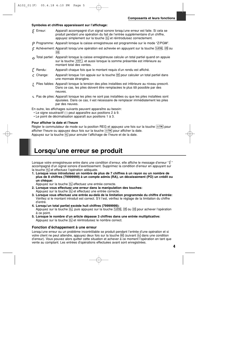 Lorsqu’une erreur se produit | Sharp XE-A102B User Manual | Page 61 / 140