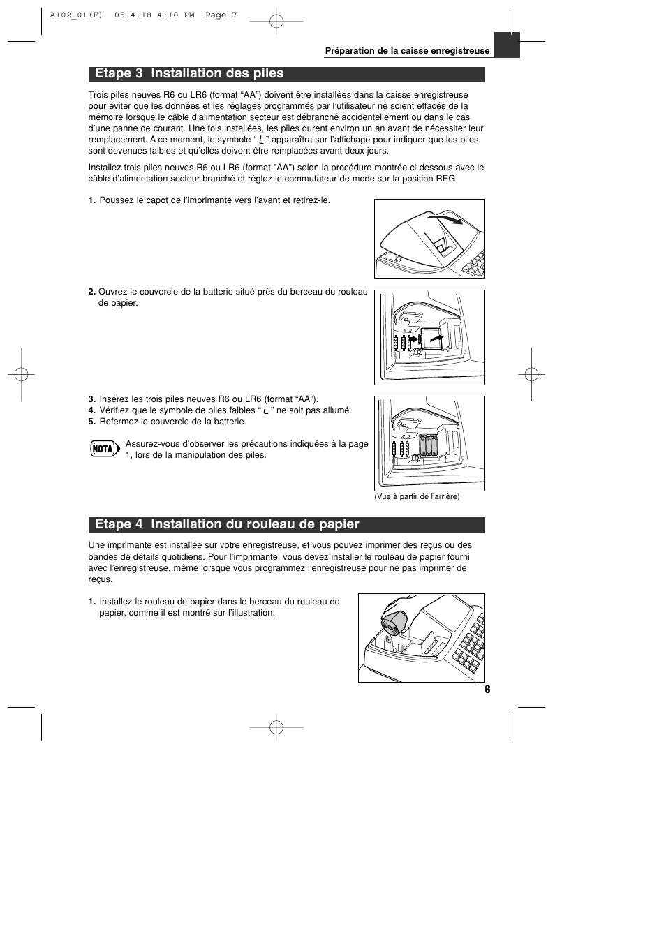 Etape 4 installation du rouleau de papier, Etape 3 installation des piles | Sharp XE-A102B User Manual | Page 63 / 140