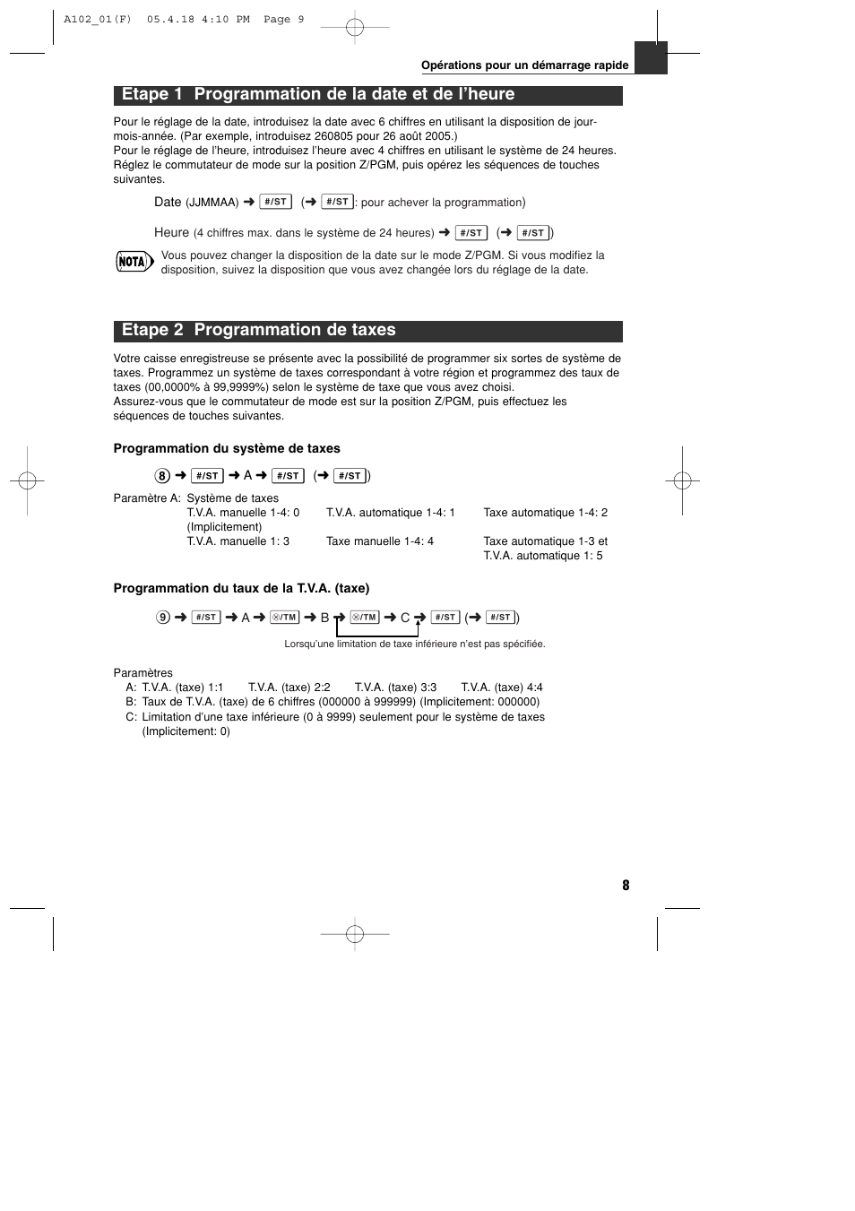 Etape 1 programmation de la date et de l’heure, Etape 2 programmation de taxes | Sharp XE-A102B User Manual | Page 65 / 140