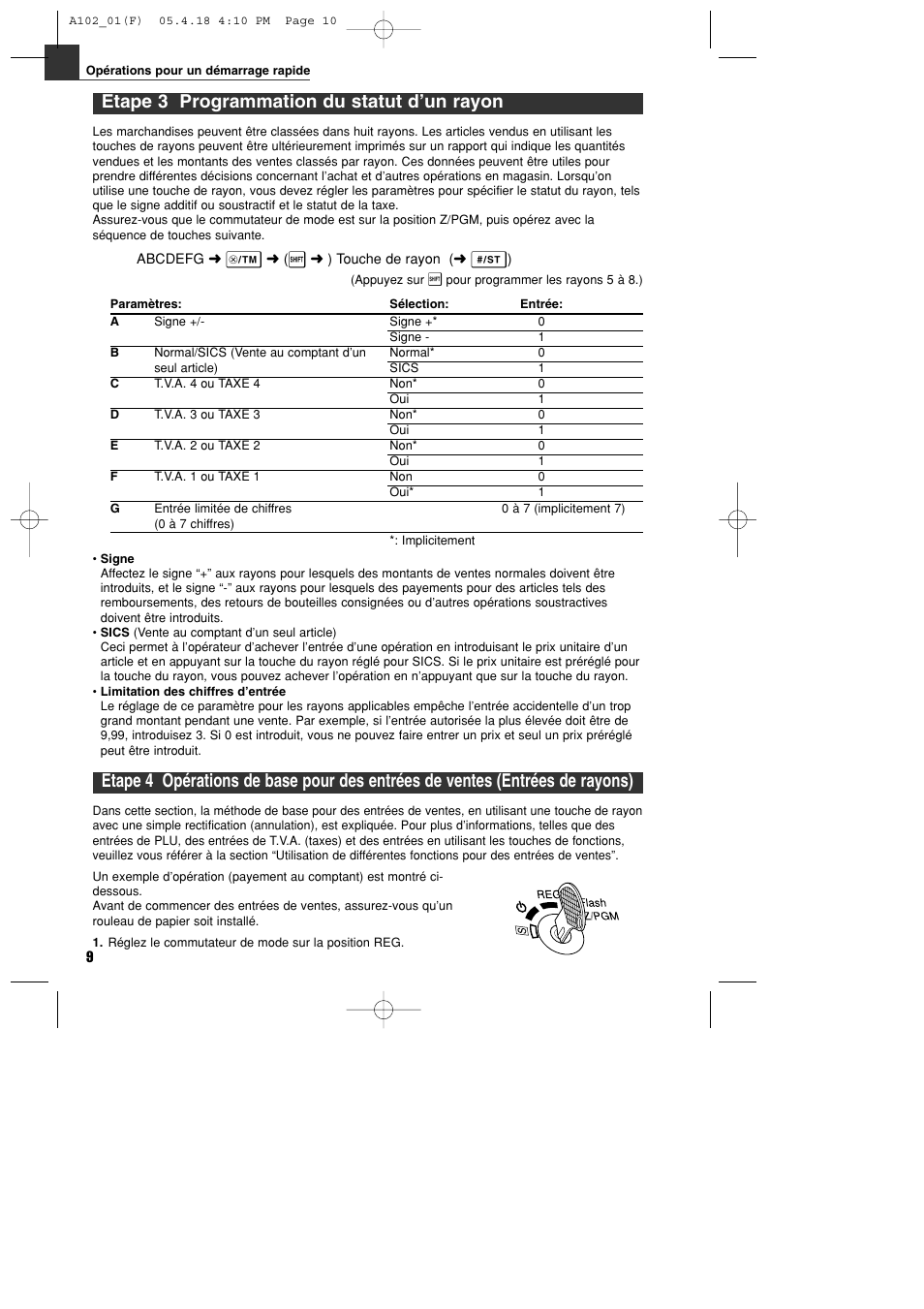 Etape 3 programmation du statut d’un rayon | Sharp XE-A102B User Manual | Page 66 / 140