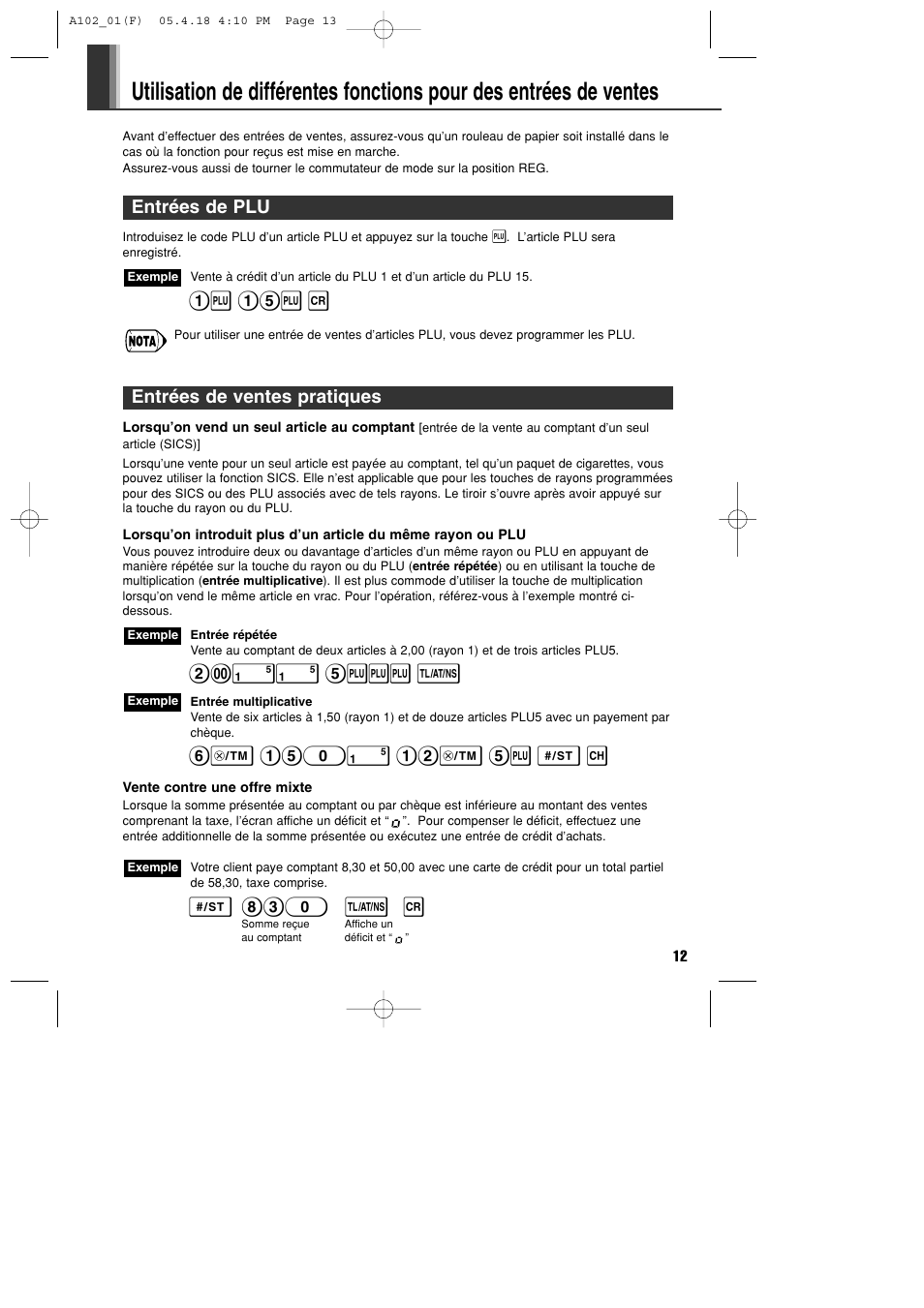 1p 15p r, Entrées de plu, !! 5ppp t | S 830 t r, Entrées de ventes pratiques | Sharp XE-A102B User Manual | Page 69 / 140