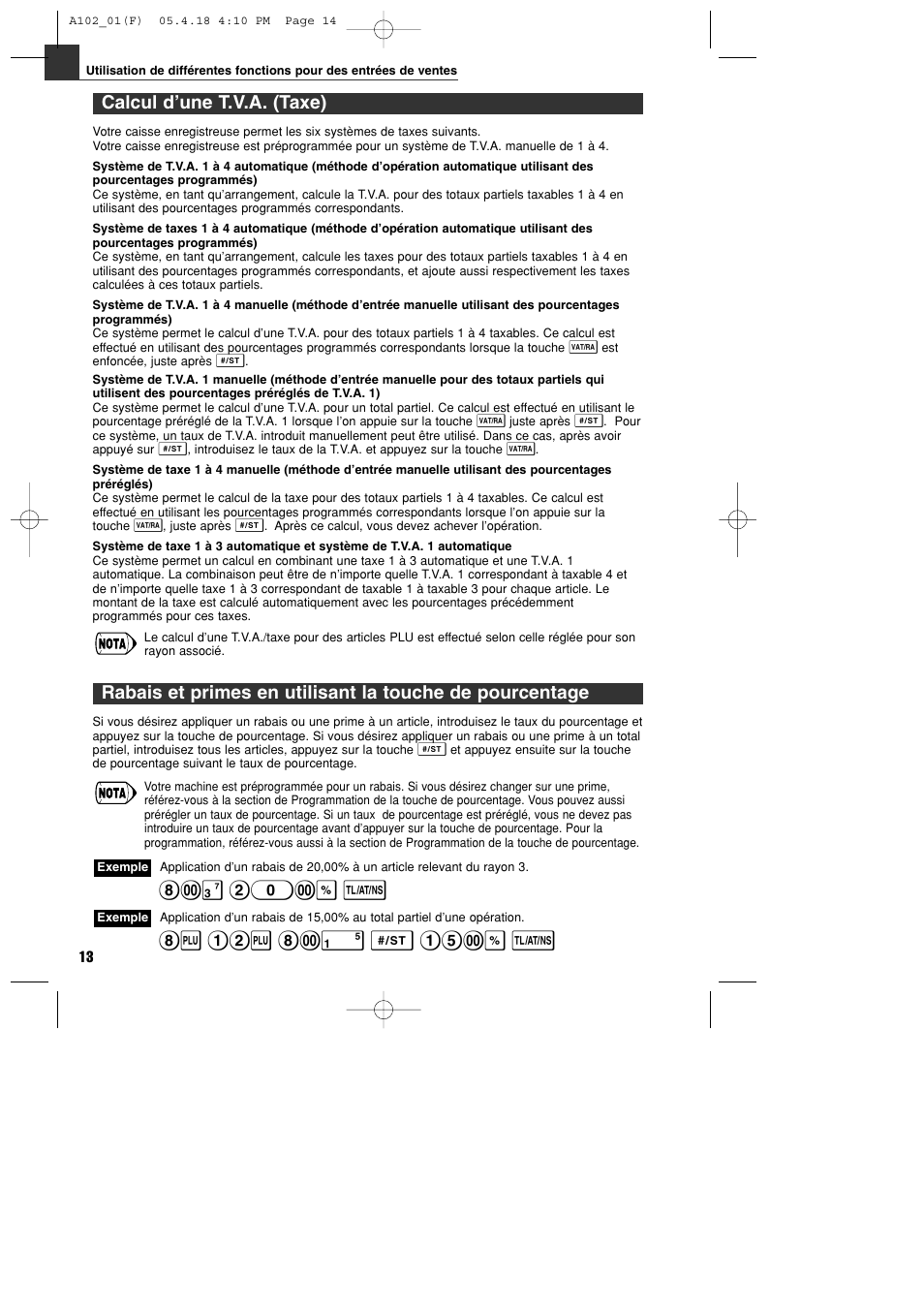 Calcul d’une t.v.a. (taxe), # 20:% t | Sharp XE-A102B User Manual | Page 70 / 140