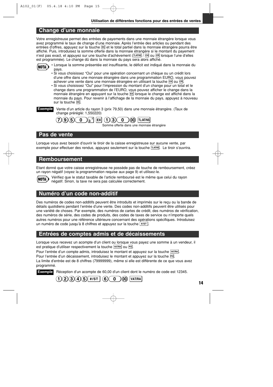 Change d’une monnaie, Pas de vente, Remboursement | Numéro d’un code non-additif, Entrées de comptes admis et de décaissements | Sharp XE-A102B User Manual | Page 71 / 140