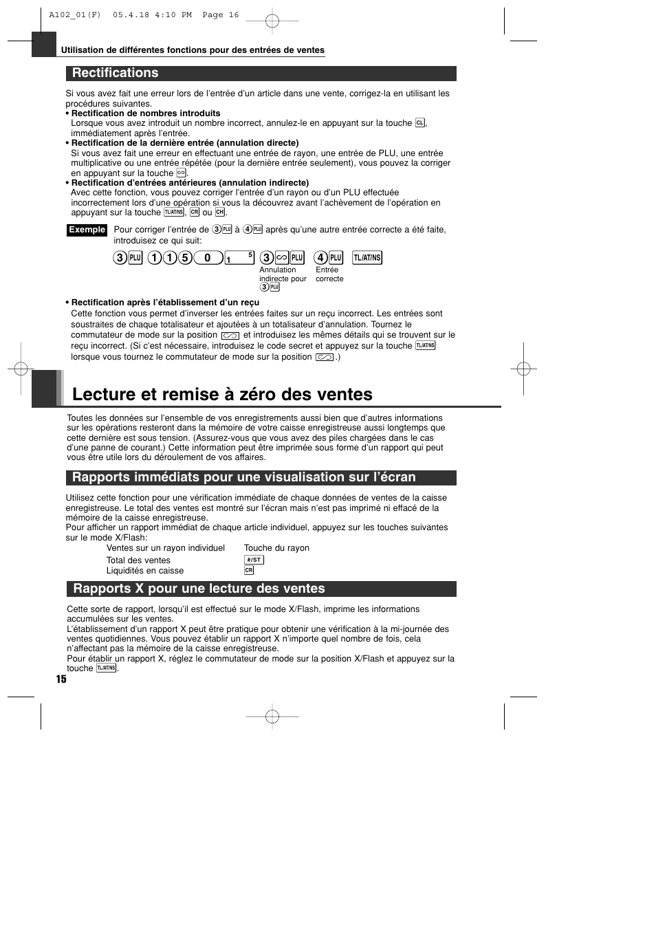 Lecture et remise à zéro des ventes, Rectifications, Rapports x pour une lecture des ventes | Sharp XE-A102B User Manual | Page 72 / 140