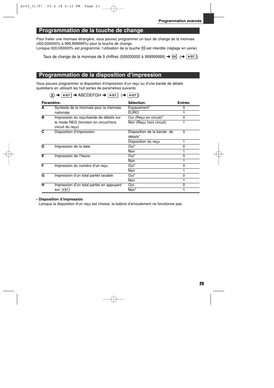 Programmation de la touche de change, Programmation de la disposition d’impression | Sharp XE-A102B User Manual | Page 77 / 140