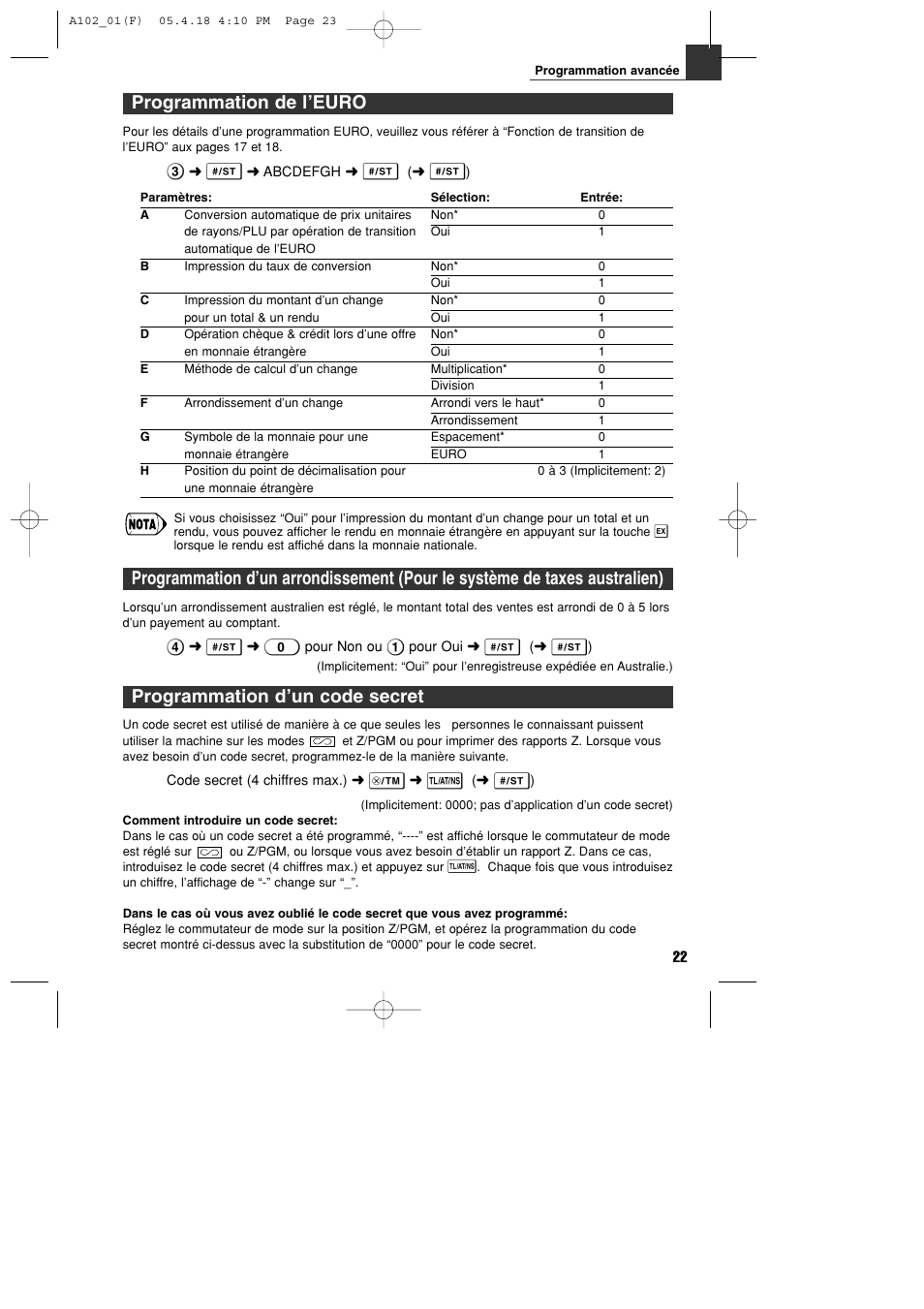 Programmation de l’euro, Programmation d’un code secret | Sharp XE-A102B User Manual | Page 79 / 140