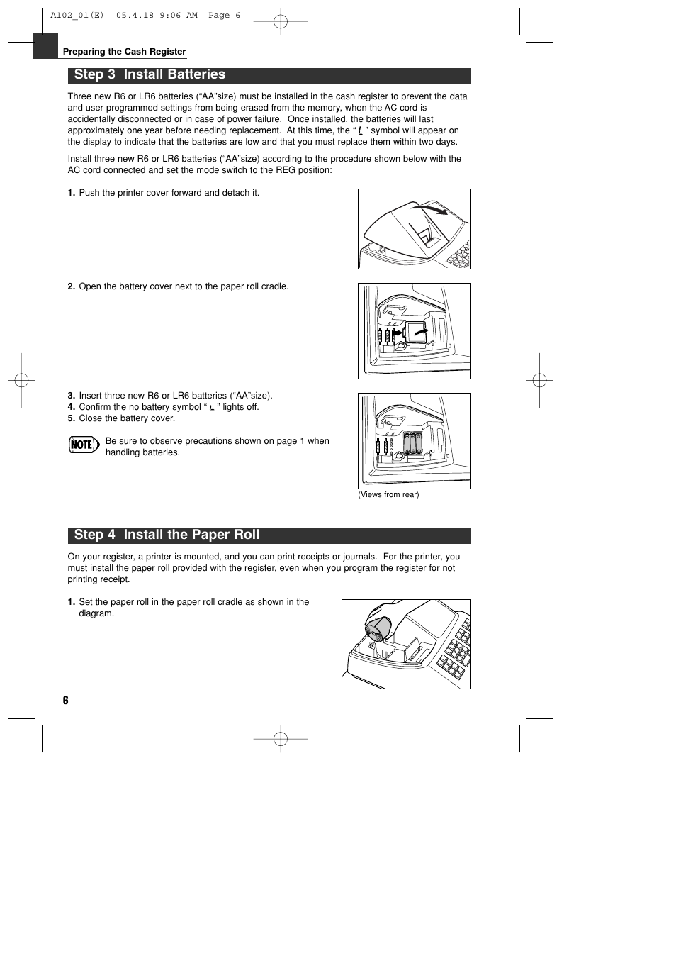 Step 4 install the paper roll, Step 3 install batteries | Sharp XE-A102B User Manual | Page 8 / 140