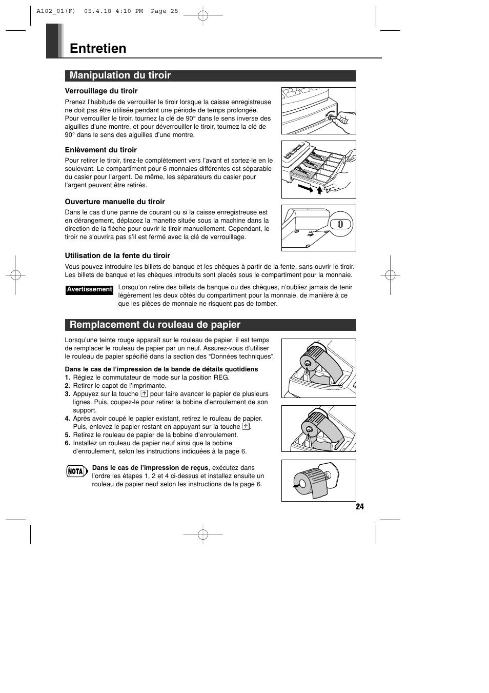 Entretien, Manipulation du tiroir, Remplacement du rouleau de papier | Sharp XE-A102B User Manual | Page 81 / 140